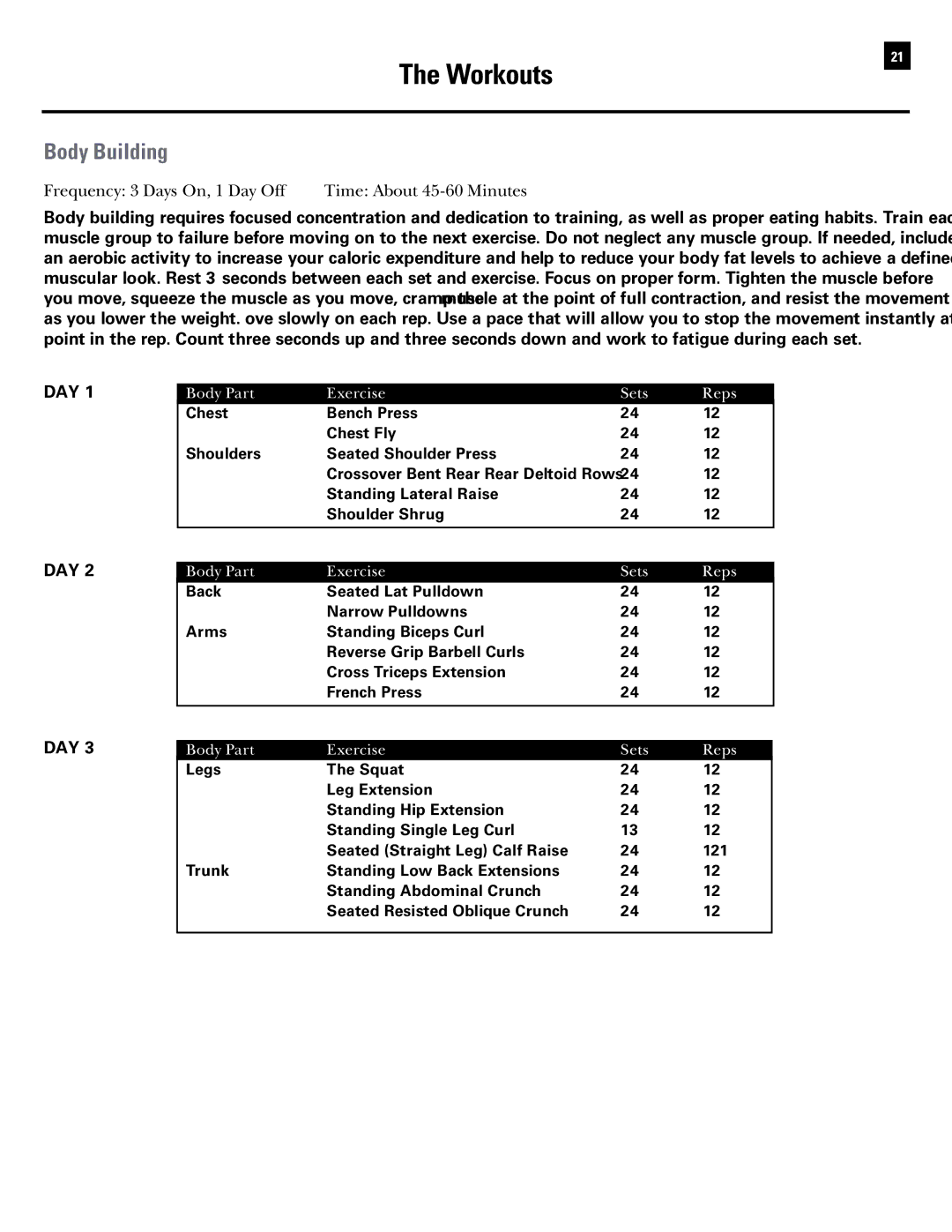 Bowflex RevolutionXP manual Body Building, Frequency 3 Days On, 1 Day Off 