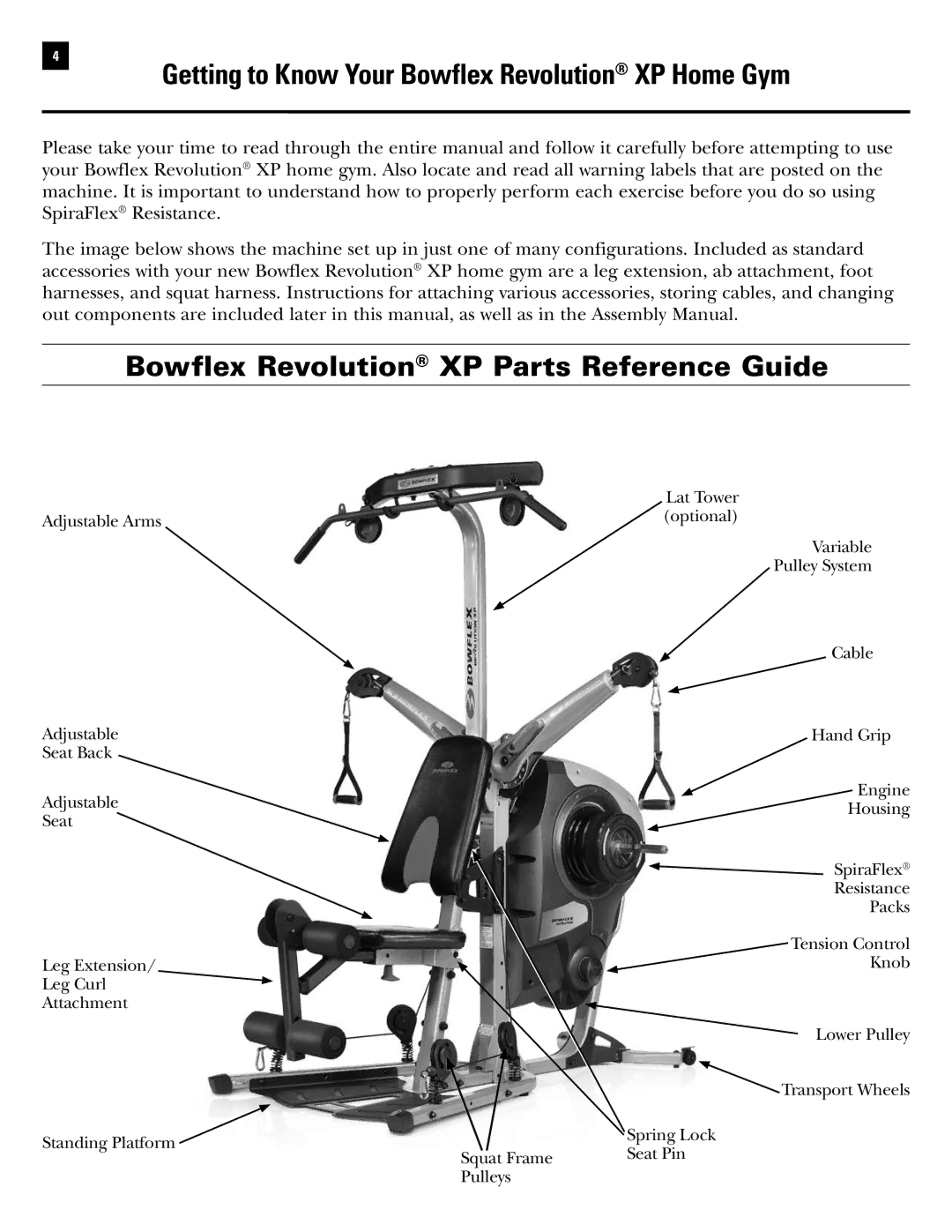 Bowflex RevolutionXP Getting to Know Your Bowflex Revolution XP Home Gym, Bowflex Revolution XP Parts Reference Guide 