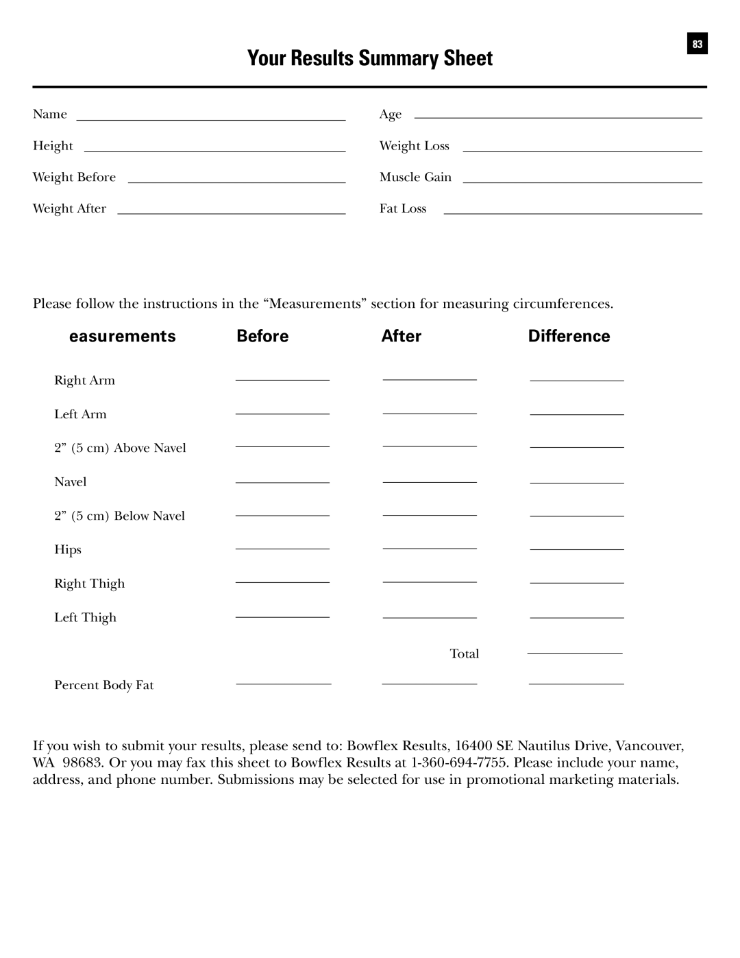 Bowflex RevolutionXP manual Your Results Summary Sheet, Measurements Before After Difference 