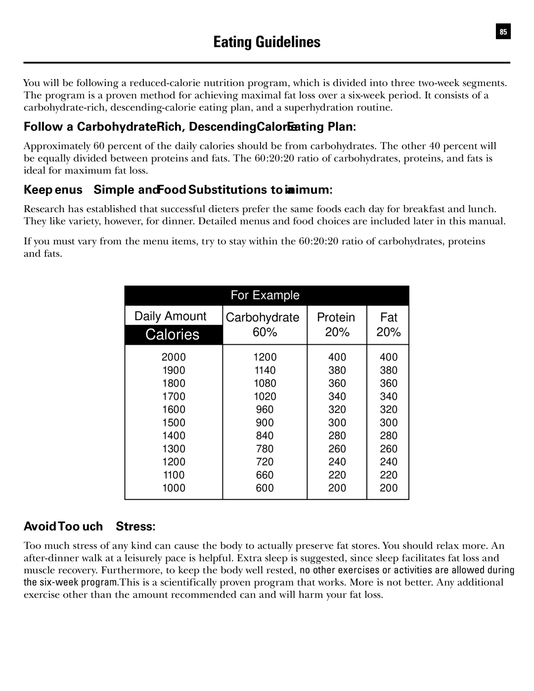 Bowflex RevolutionXP Eating Guidelines, Keep Menus Simple and Food Substitutions to a Minimum, Avoid Too Much Stress 