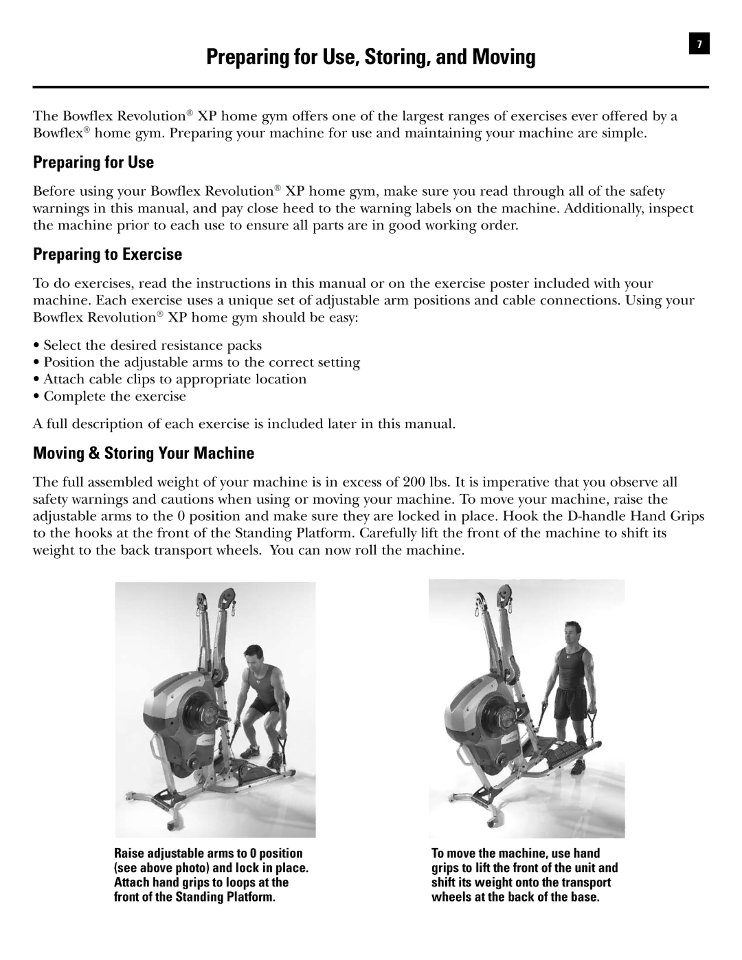 Bowflex RevolutionXP manual Preparing for Use, Storing, and Moving 