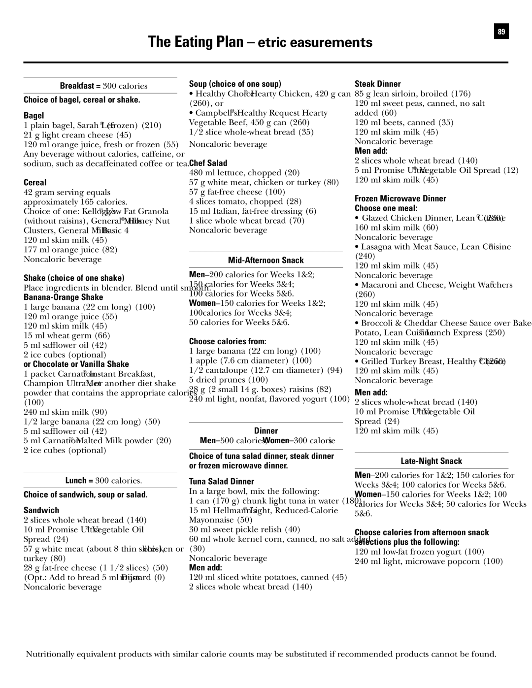 Bowflex RevolutionXP manual Eating Plan Metric Measurements 