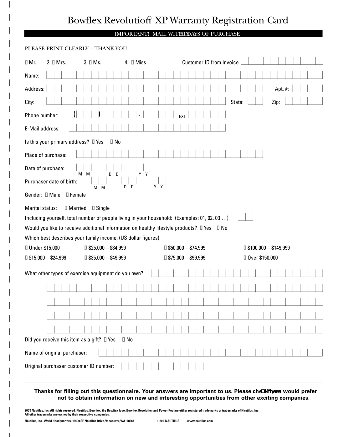 Bowflex RevolutionXP manual Bowflex Revolution XP Warranty Registration Card, IMPORTANT! Mail Within 30 Days of Purchase 