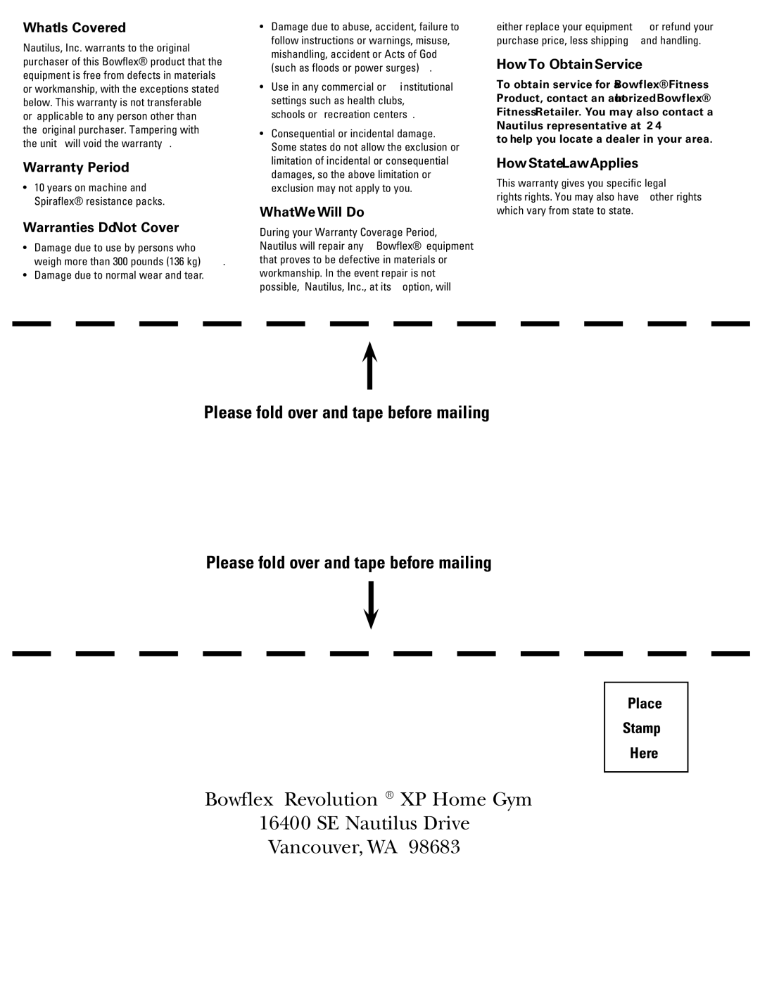 Bowflex RevolutionXP manual Please fold over and tape before mailing 
