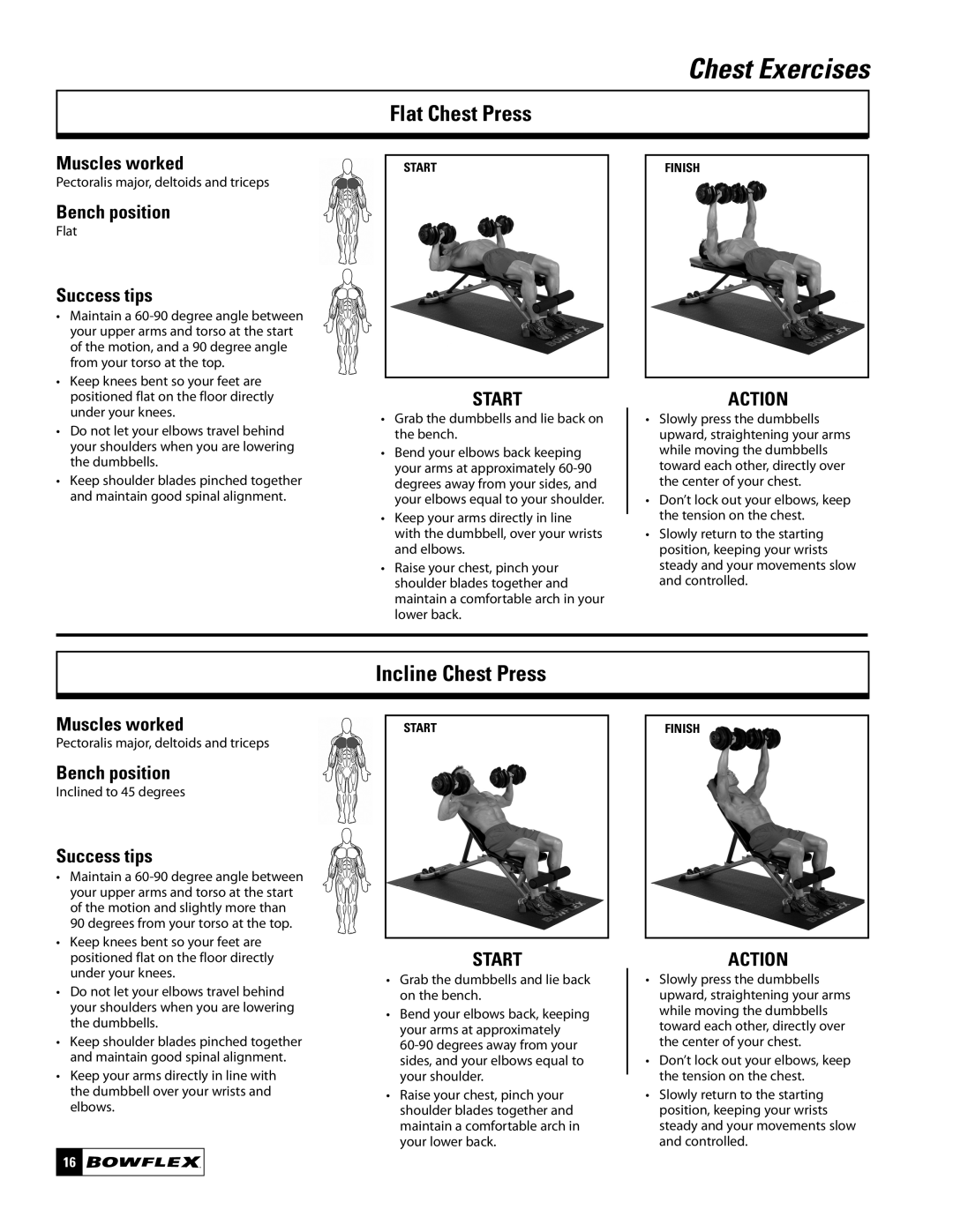 Bowflex ST220 manual Flat Chest Press, Incline Chest Press 