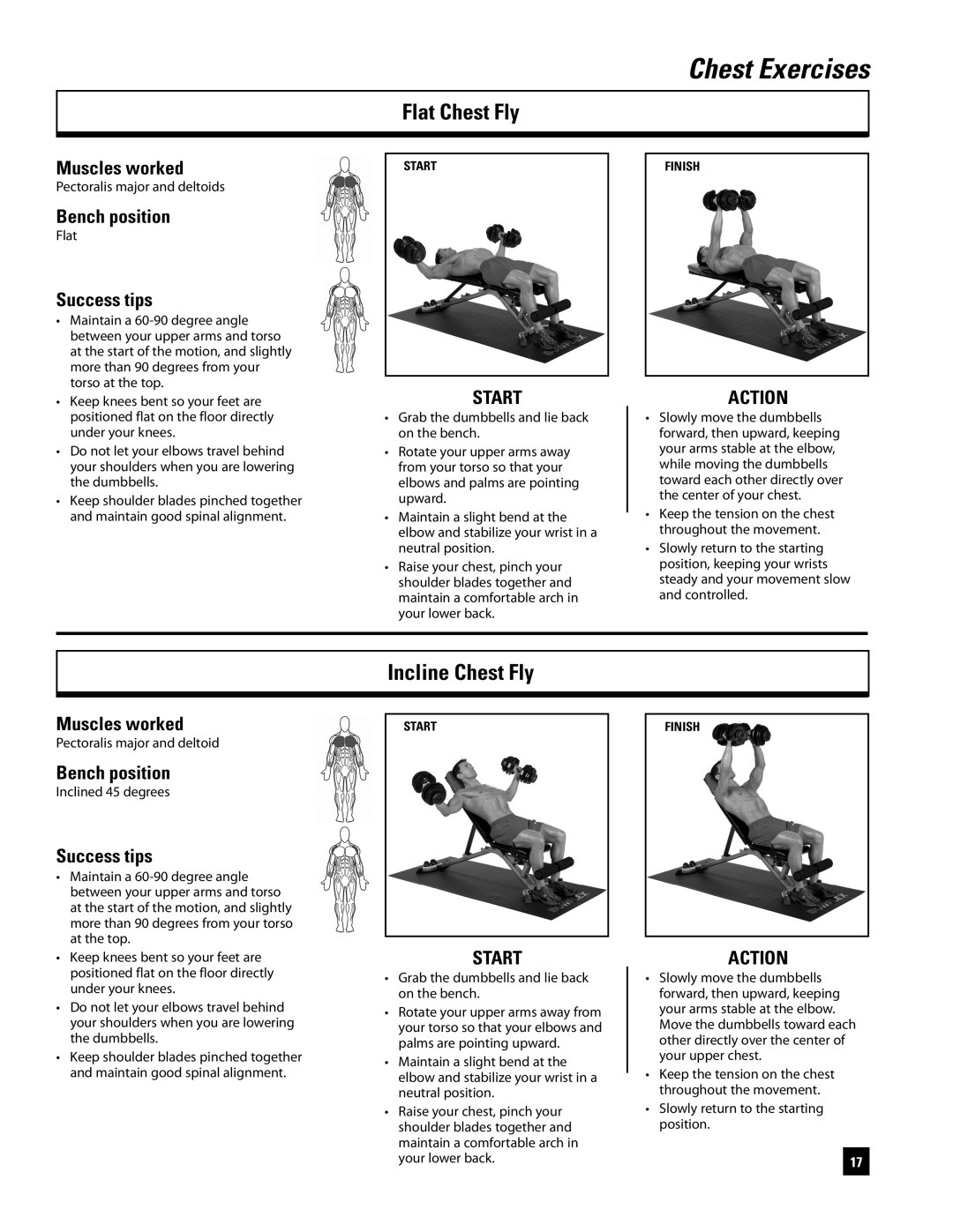 Bowflex ST220 manual Flat Chest Fly, Incline Chest Fly 