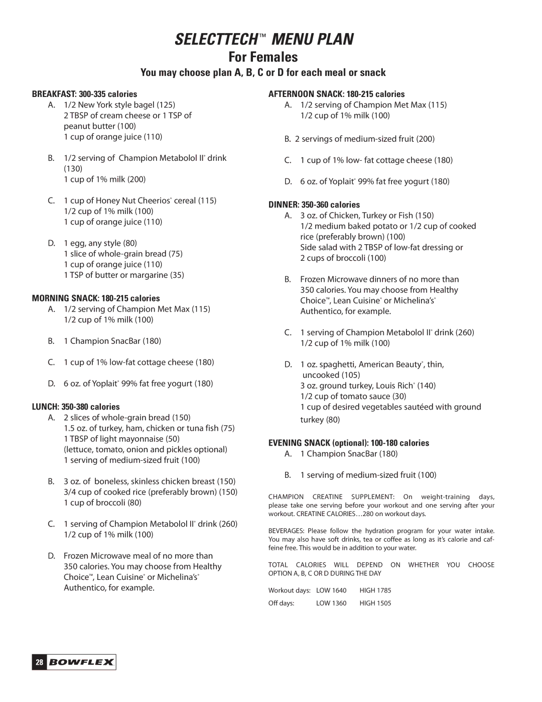 Bowflex ST220 manual Selecttech Menu Plan 