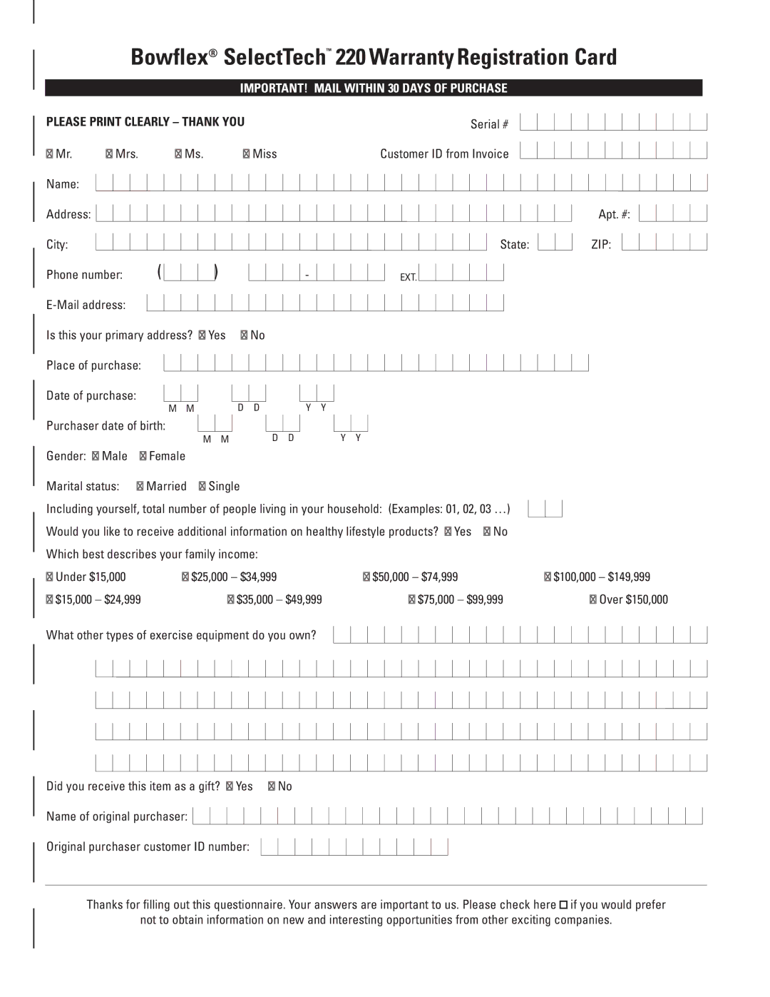 Bowflex ST220 manual Bowflex SelectTech 220 Warranty Registration Card 