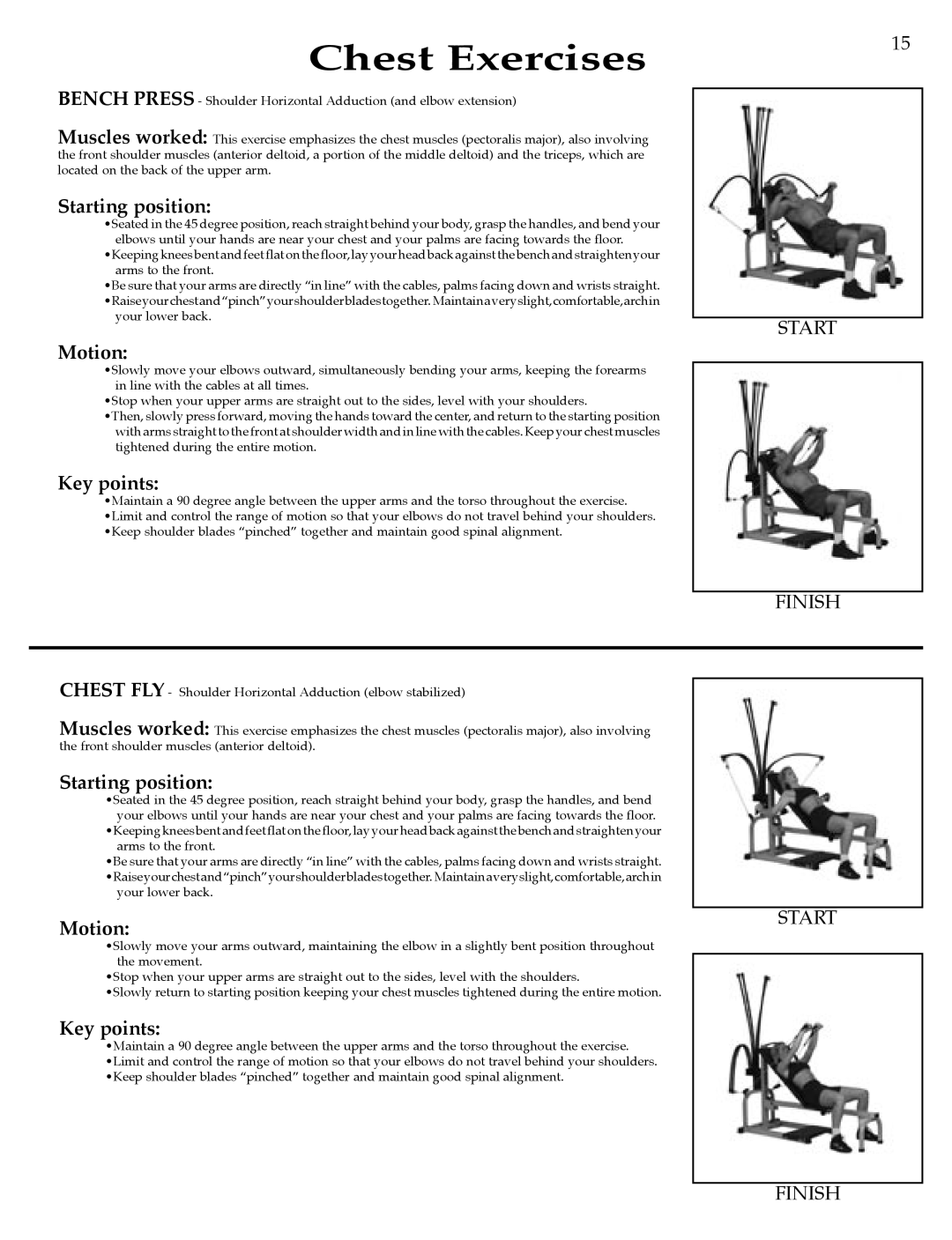 Bowflex Strength Training System manual Chest Exercises, Starting position, Motion, Key points, Start Finish 