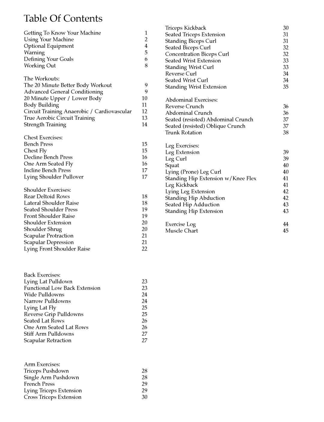 Bowflex Strength Training System manual Table Of Contents 