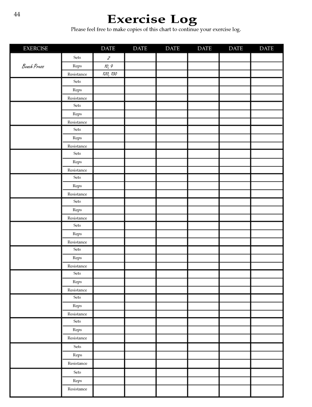 Bowflex Strength Training System manual Exercise Log, 120 