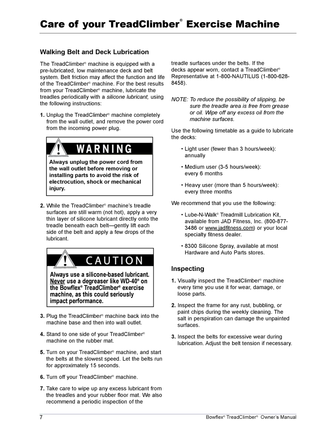Bowflex TC1000, TC5000, TC3000 manual Walking Belt and Deck Lubrication, Inspecting 