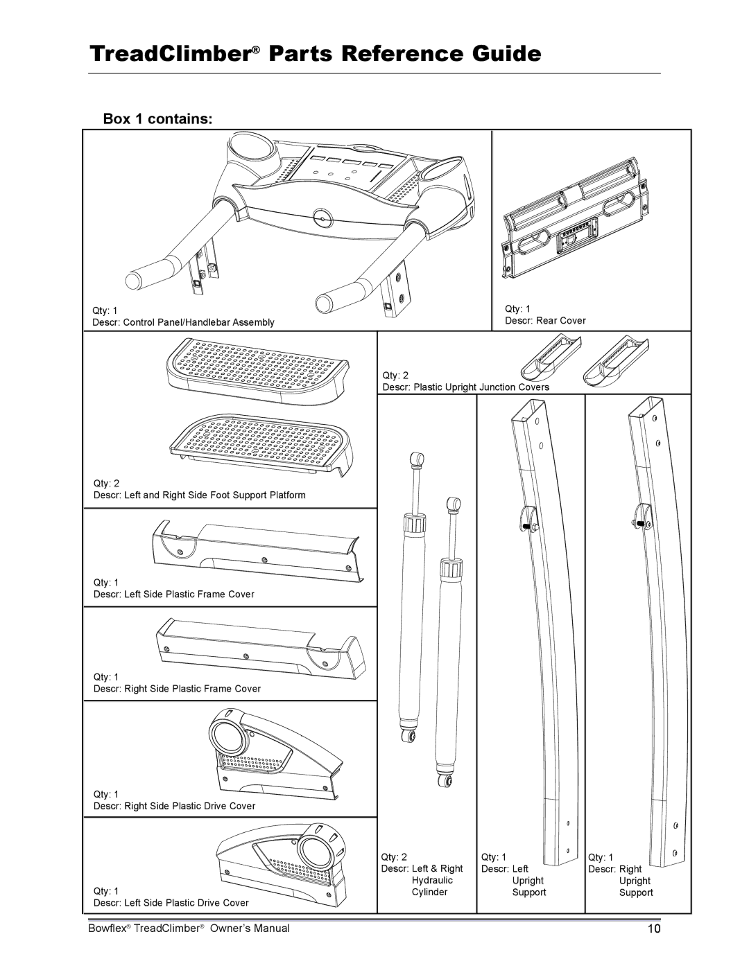 Bowflex TC1000, TC5000, TC3000 manual TreadClimber Parts Reference Guide, Box 1 contains 