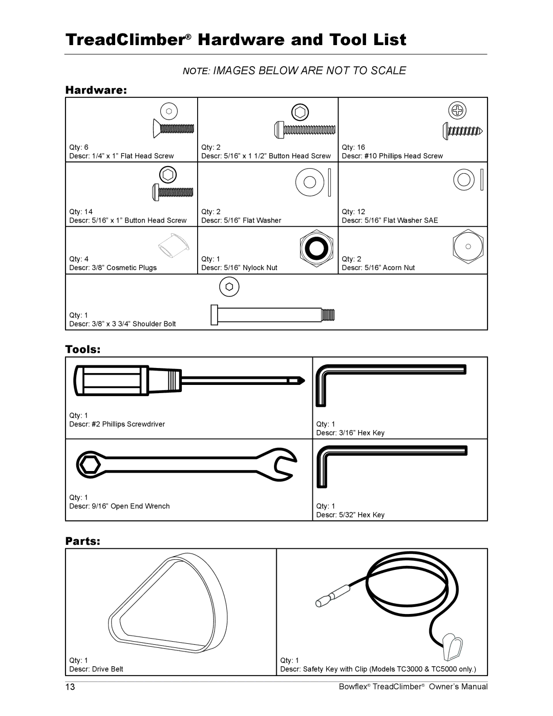 Bowflex TC1000, TC5000, TC3000 manual TreadClimber Hardware and Tool List, Tools, Parts 