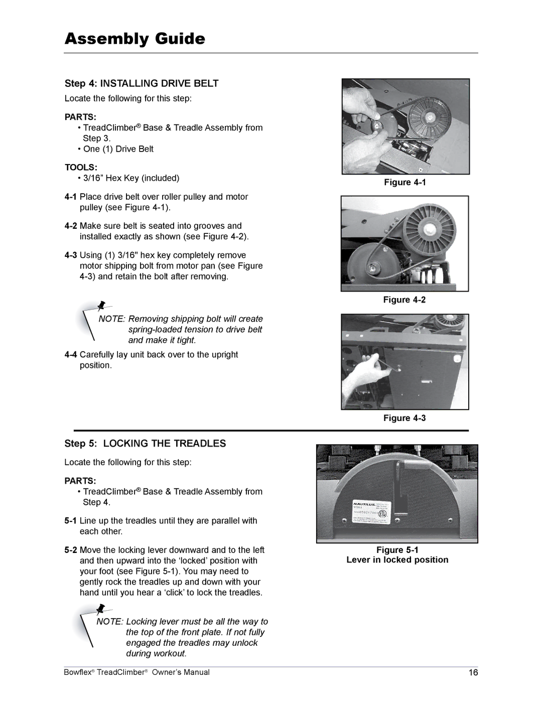 Bowflex TC1000, TC5000, TC3000 manual Installing Drive Belt, Locking the Treadles 