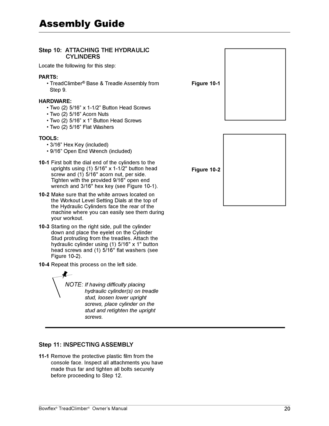 Bowflex TC3000, TC5000, TC1000 manual Attaching the Hydraulic Cylinders, Inspecting Assembly 