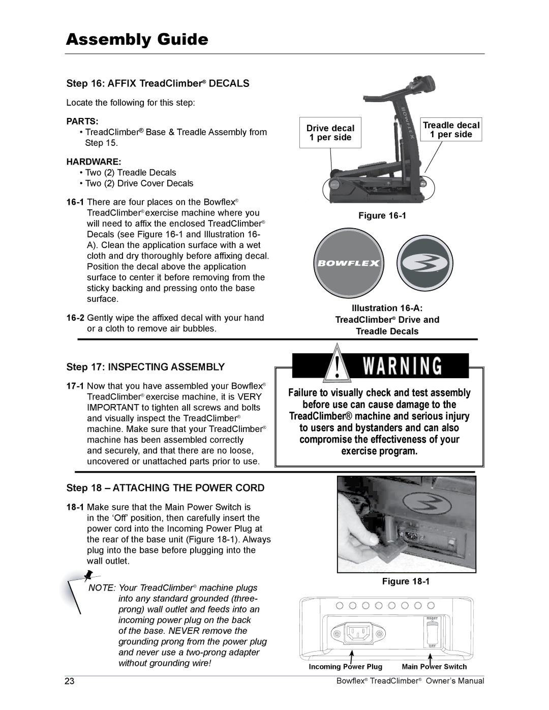 Bowflex TC3000, TC5000 manual Failure to visually check and test assembly, Before use can cause damage to, Exercise program 