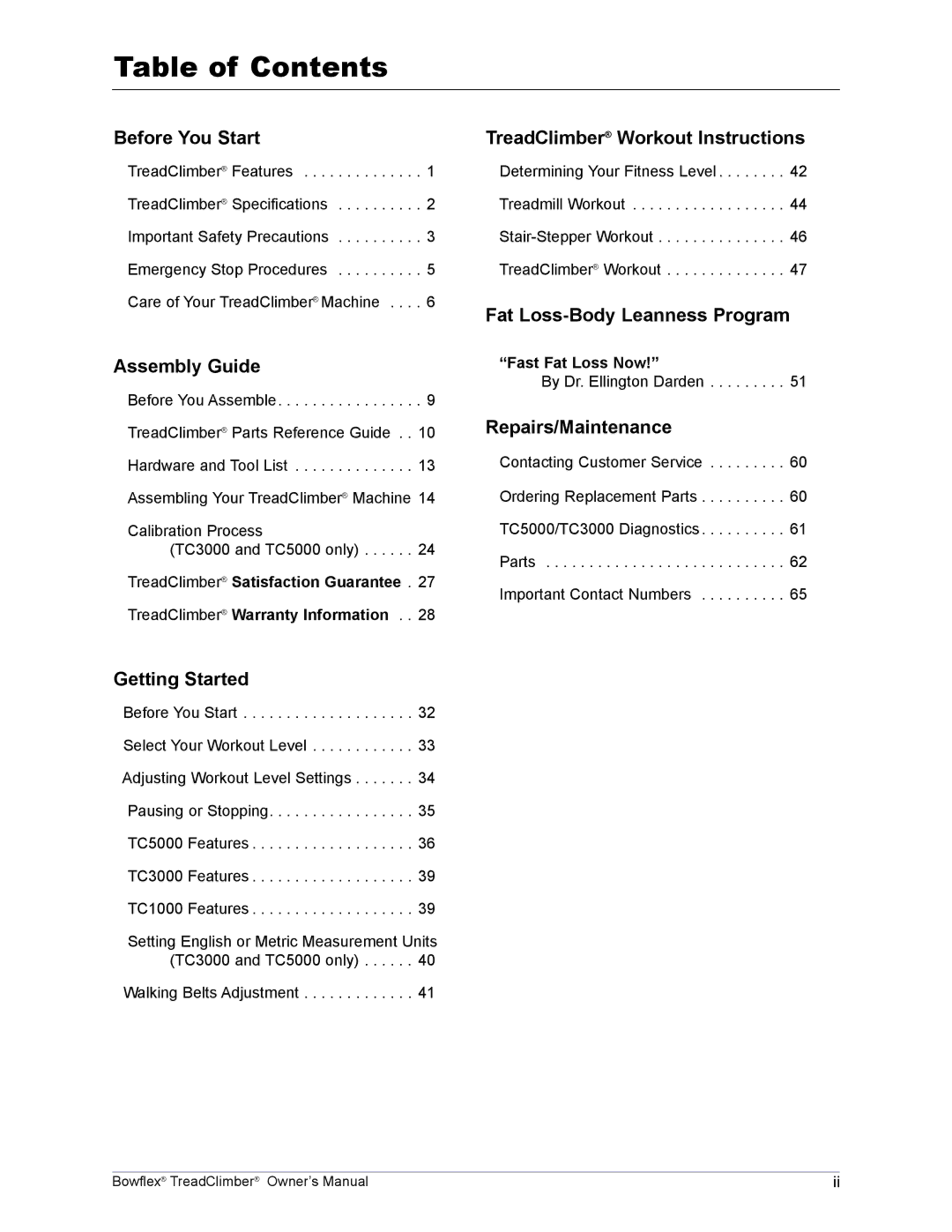 Bowflex TC5000, TC1000, TC3000 manual Table of Contents 