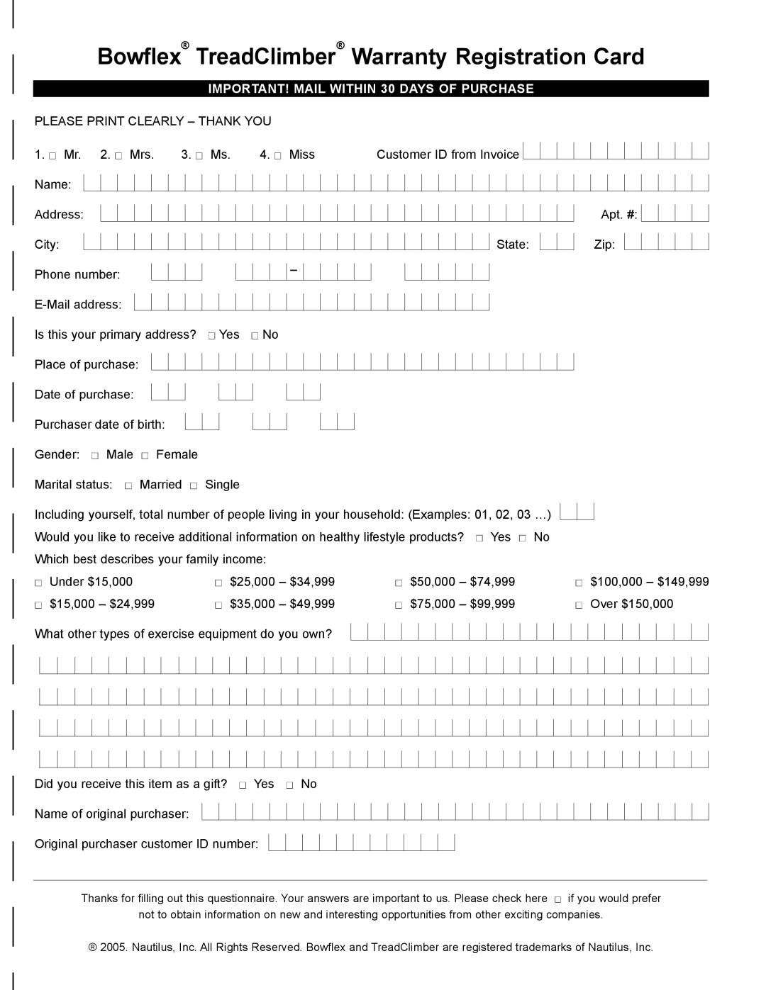 Bowflex TC5000, TC1000, TC3000 Bowflex TreadClimber Warranty Registration Card, IMPORTANT! Mail Within 30 Days of Purchase 