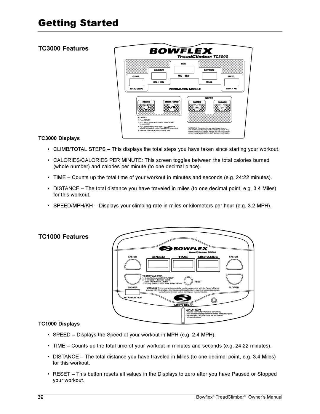 Bowflex TC5000 manual TC3000 Features, TC1000 Features, TC3000 Displays, TC1000 Displays 