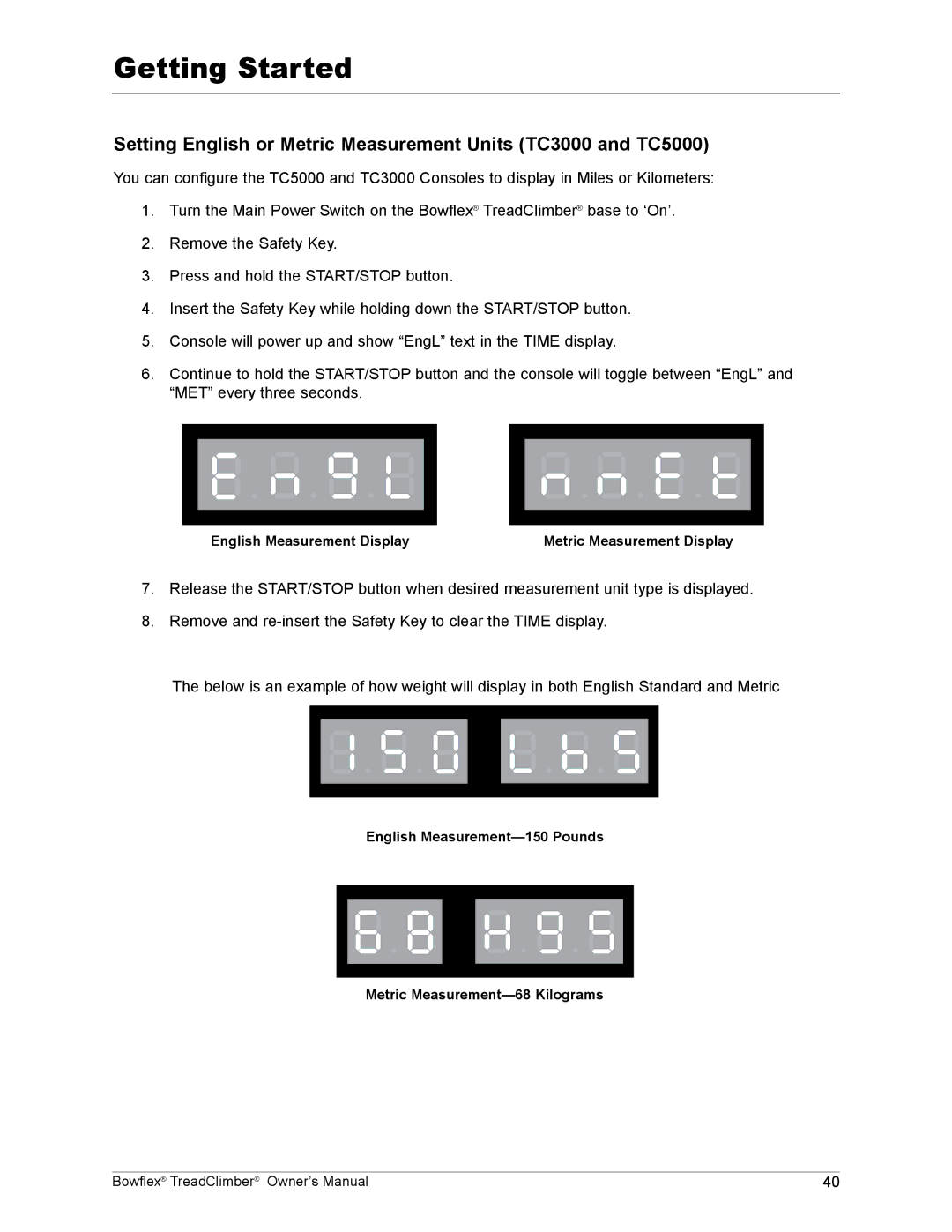 Bowflex TC1000, TC5000, TC3000 manual English Measurement Display Metric Measurement Display 