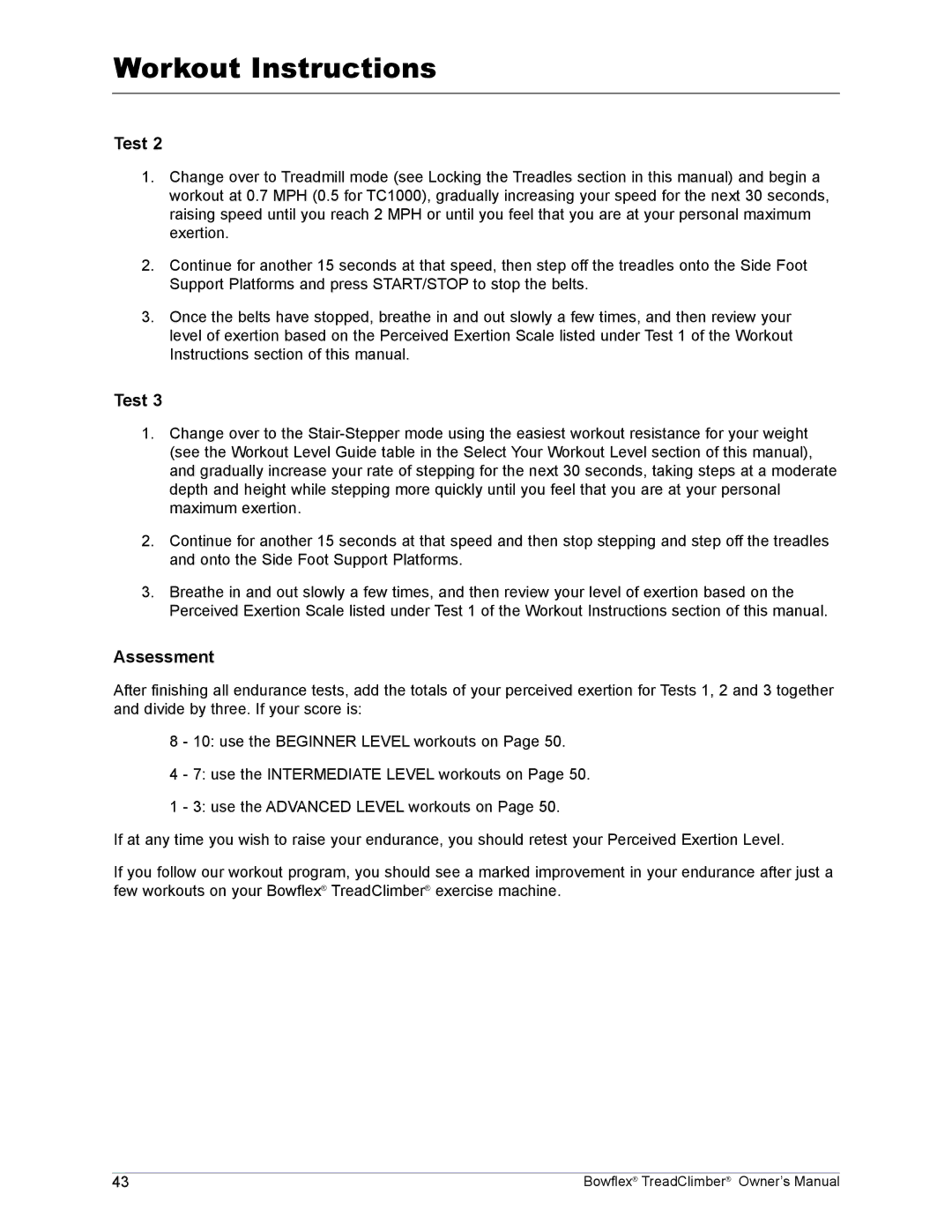 Bowflex TC1000, TC5000, TC3000 manual Assessment 