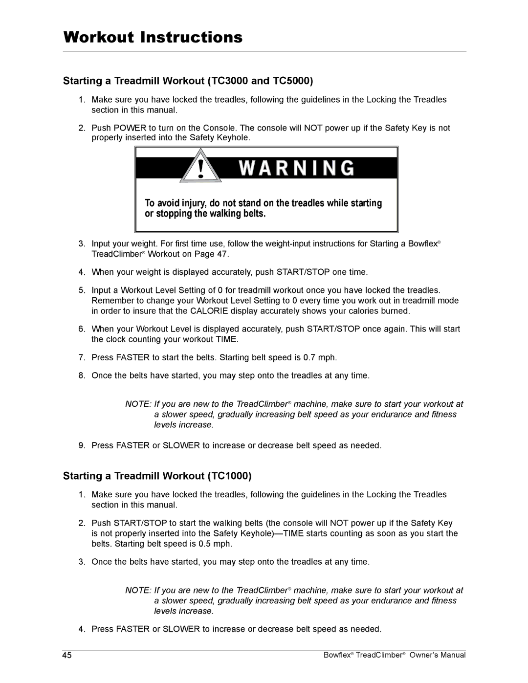 Bowflex manual Starting a Treadmill Workout TC3000 and TC5000, Starting a Treadmill Workout TC1000 