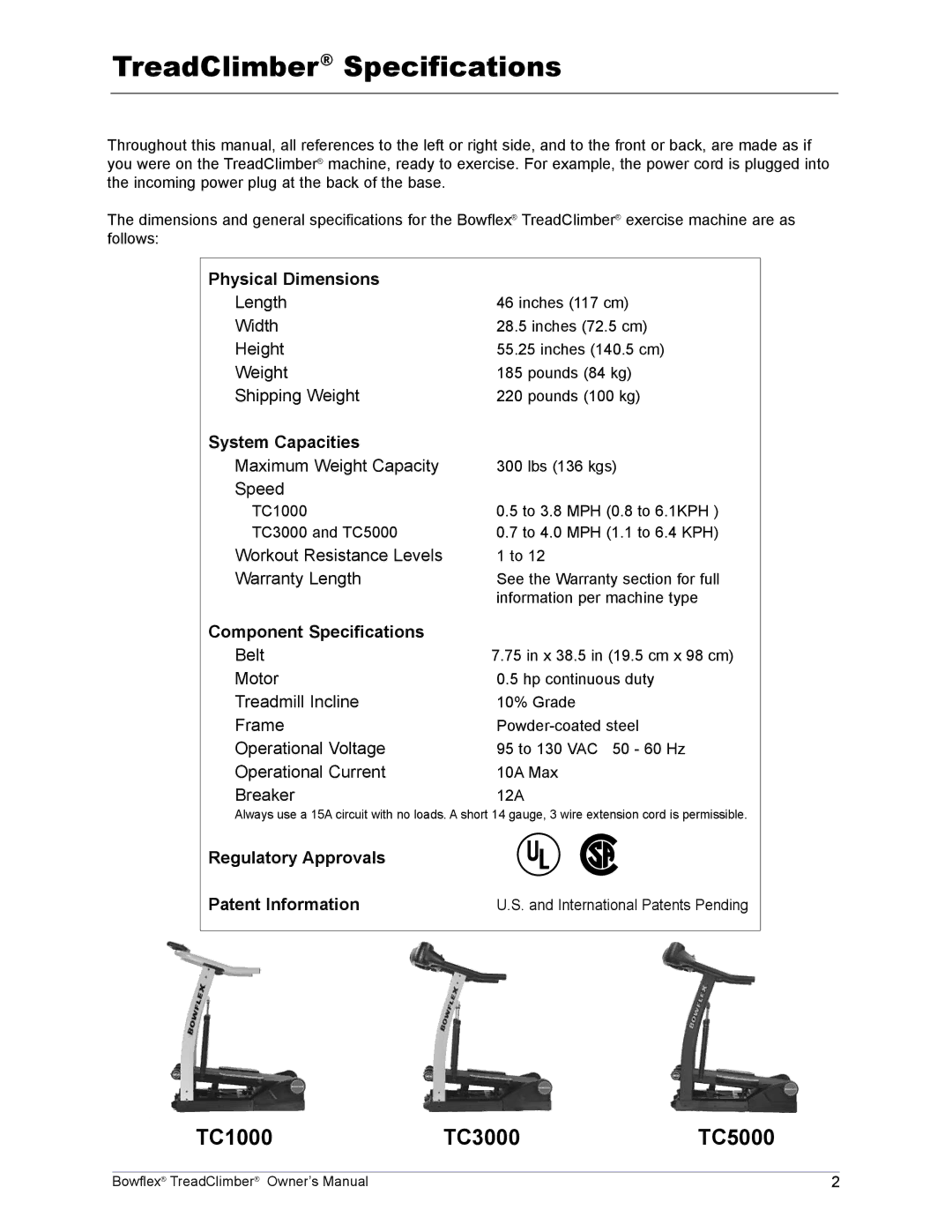 Bowflex TC3000, TC5000 manual TreadClimber Specifications, Physical Dimensions, System Capacities, Component Specifications 