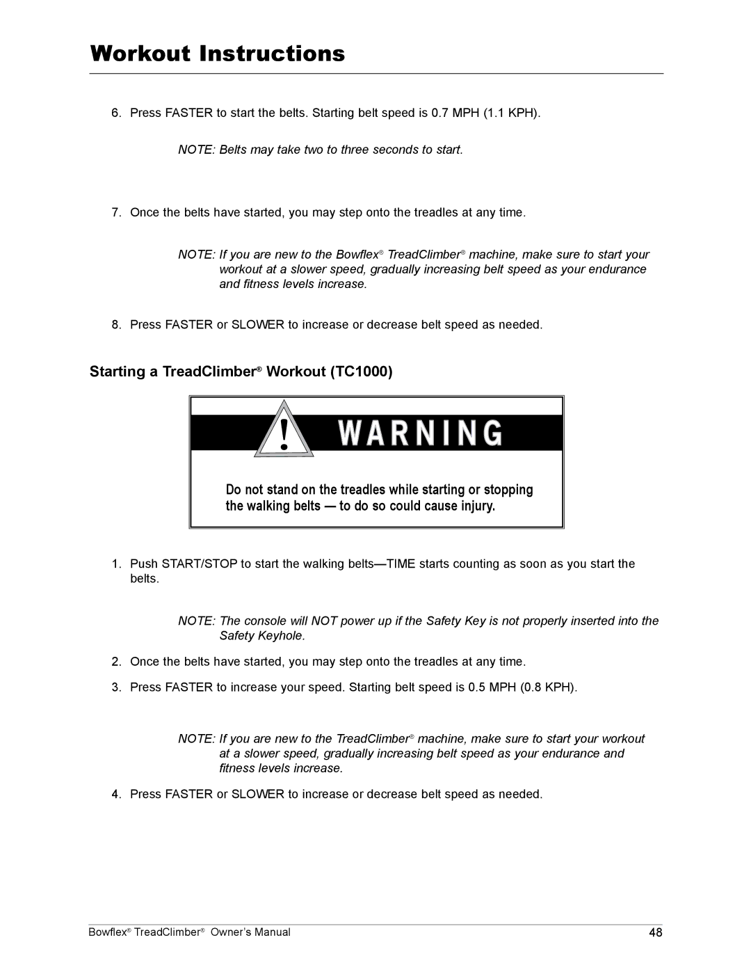 Bowflex TC5000, TC1000, TC3000 manual Workout Instructions 