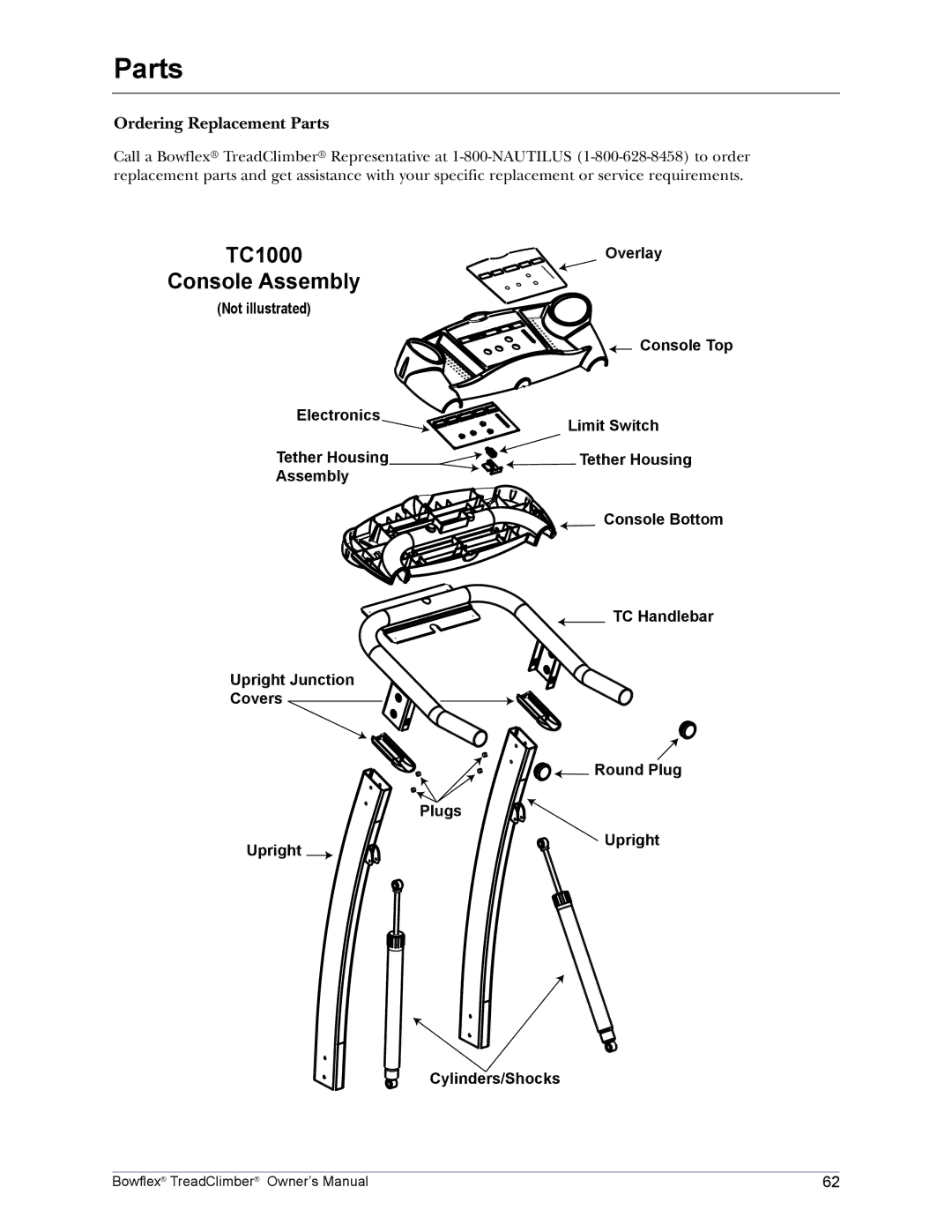 Bowflex TC3000, TC5000, TC1000 manual Ordering Replacement Parts 