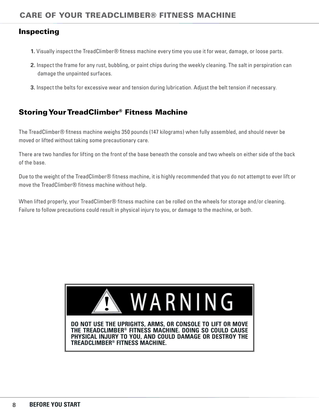 Bowflex TC5300, TC6000 manual Inspecting, Storing Your TreadClimber Fitness Machine 