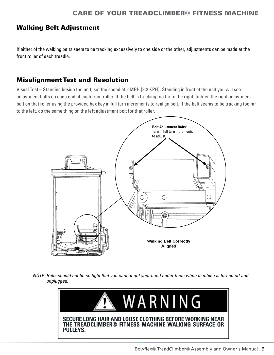 Bowflex TC6000, TC5300 manual Walking Belt Adjustment, Misalignment Test and Resolution 