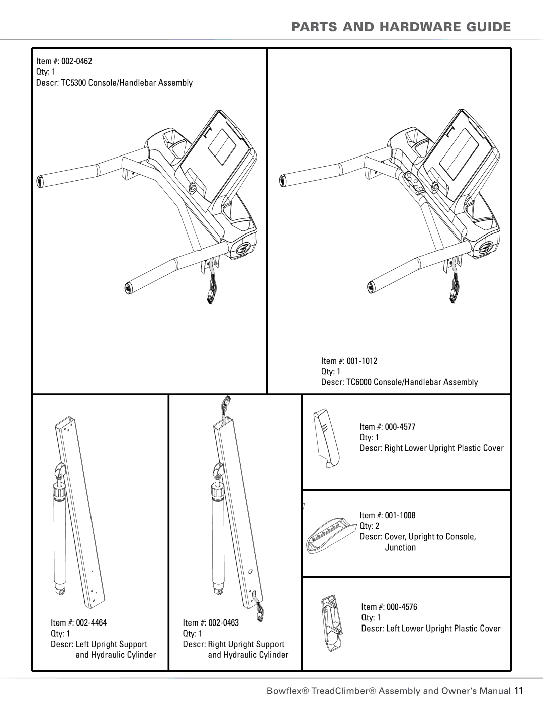 Bowflex TC6000, TC5300 manual Parts and Hardware Guide 