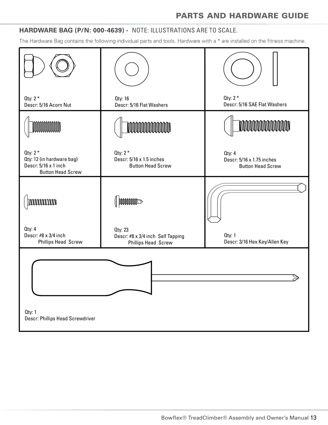 Bowflex TC6000, TC5300 manual Hardware Bag P/N 000-4639 Note Illustrations are to scale 