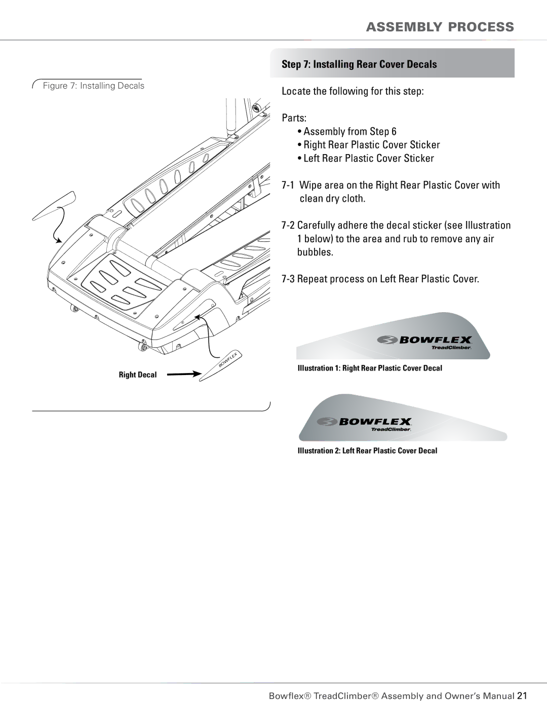 Bowflex TC6000, TC5300 manual Installing Rear Cover Decals, Installing Decals 