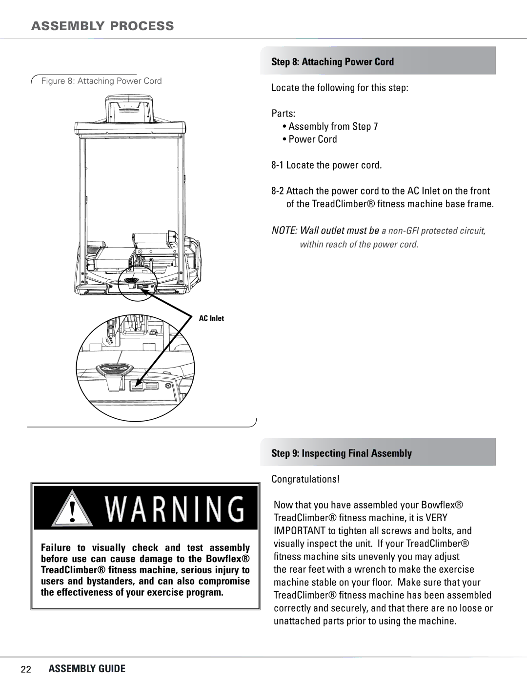 Bowflex TC5300, TC6000 manual Attaching Power Cord, Inspecting Final Assembly, Failure to visually check and test assembly 