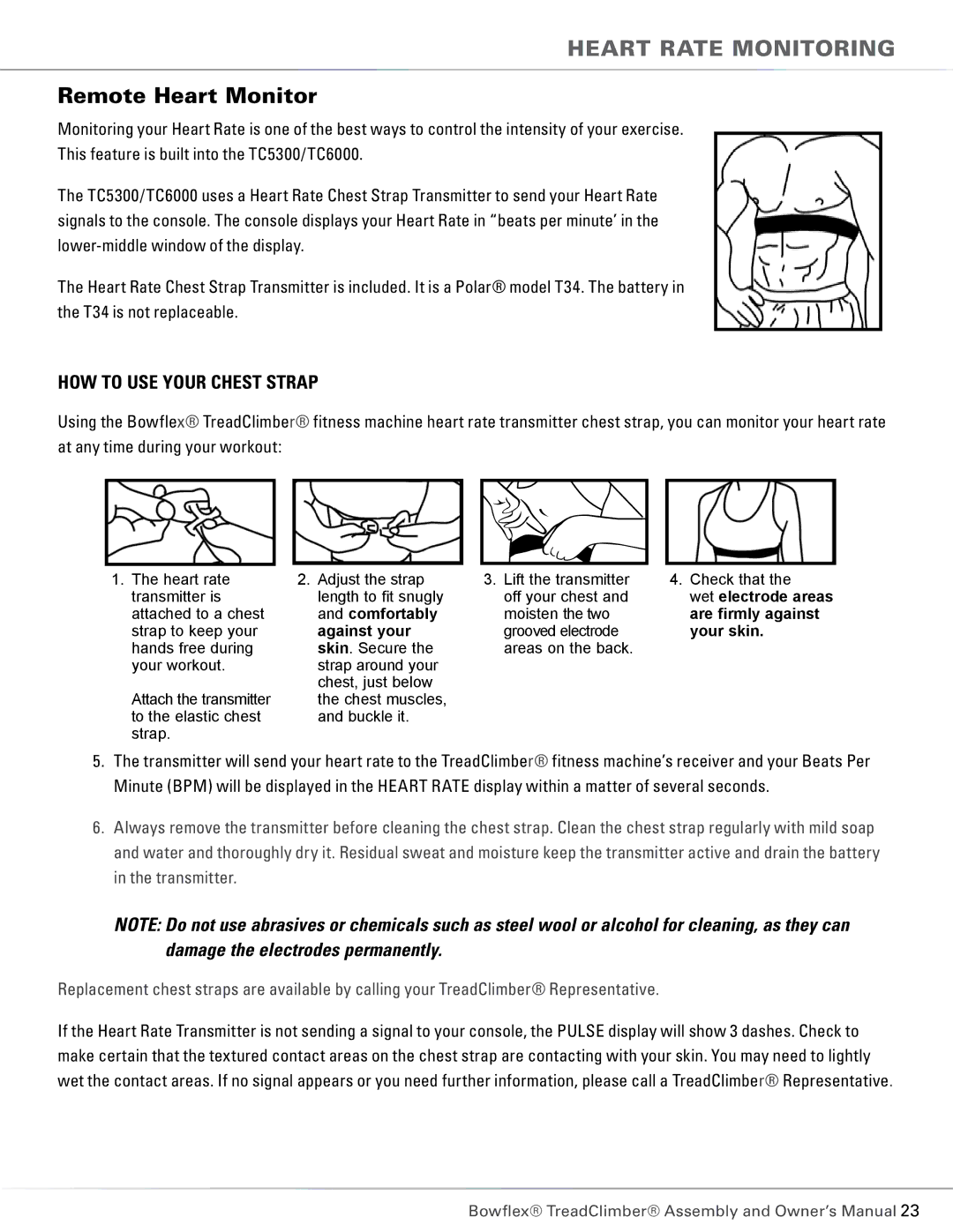 Bowflex TC6000, TC5300 manual Heart rate monitoring, Remote Heart Monitor, How to Use Your Chest Strap 