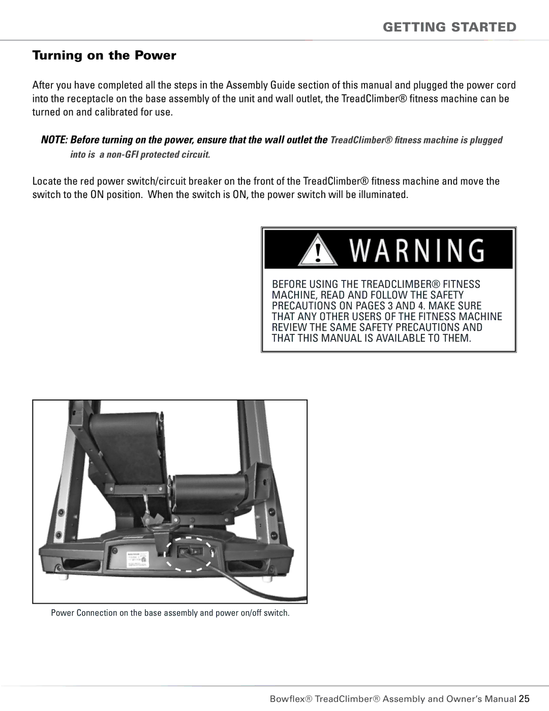 Bowflex TC6000, TC5300 manual Getting Started, Turning on the Power 