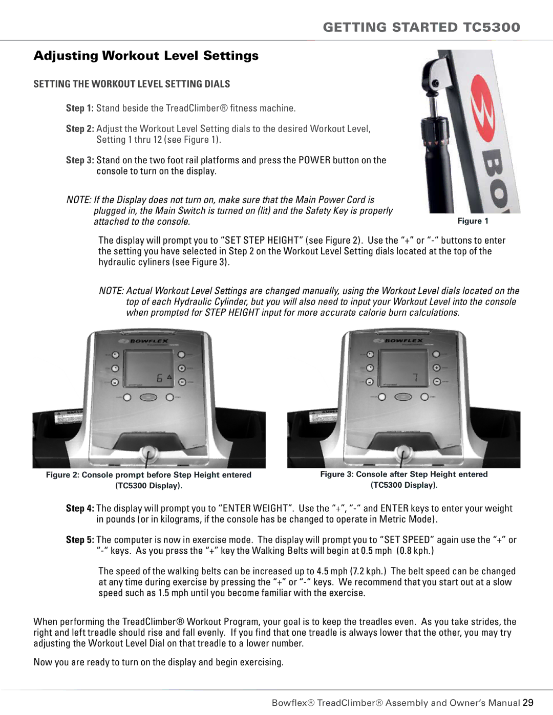 Bowflex TC6000, TC5300 manual Getting Started tc5300, Adjusting Workout Level Settings 