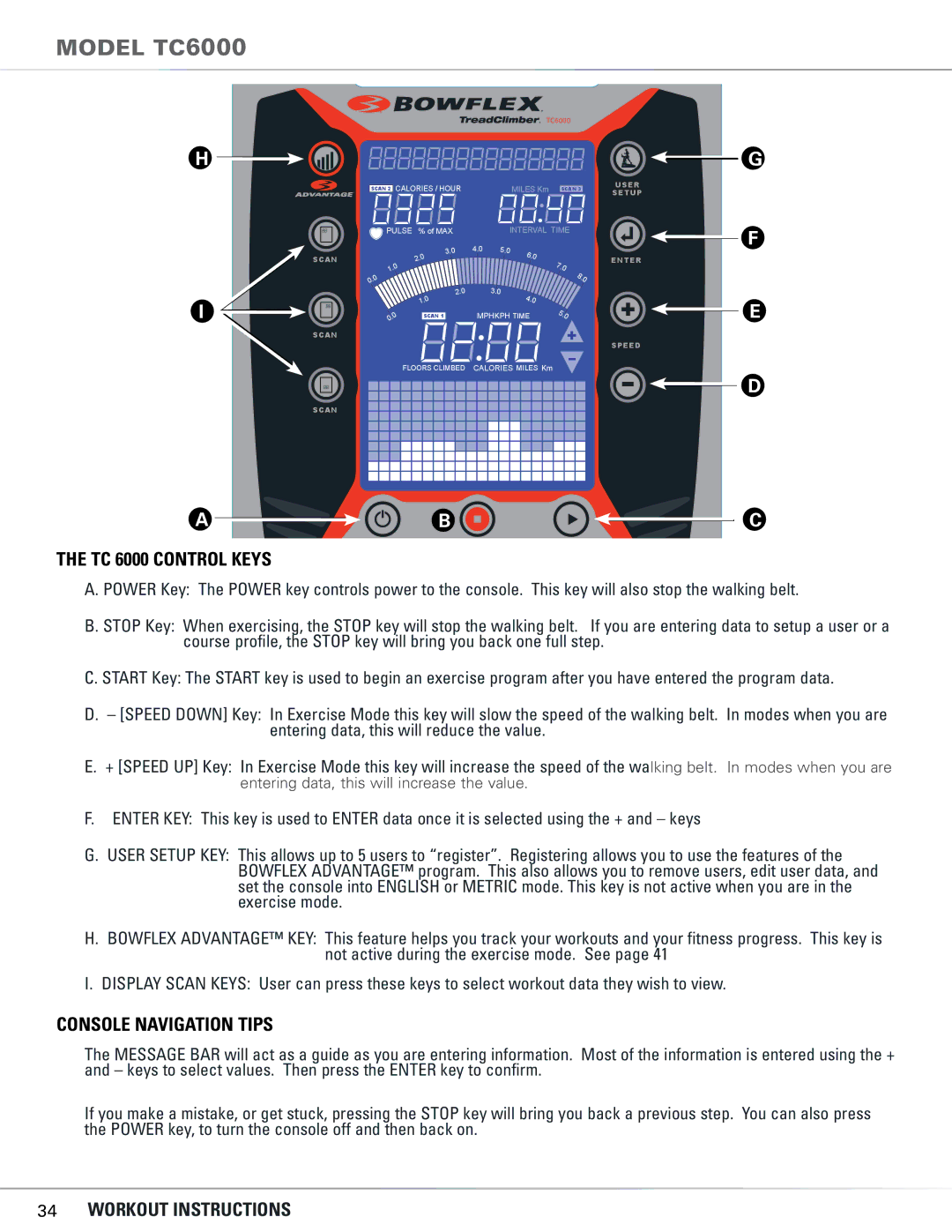 Bowflex TC5300, TC6000 manual TC 6000 Control Keys 