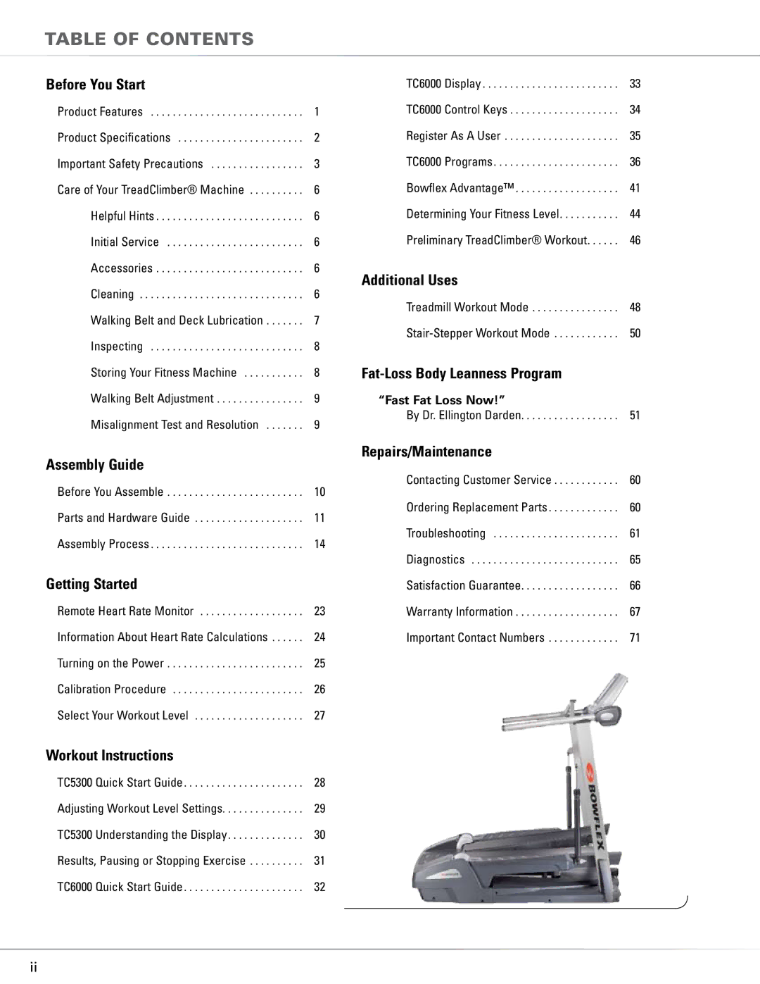 Bowflex TC5300, TC6000 manual Table of Contents 
