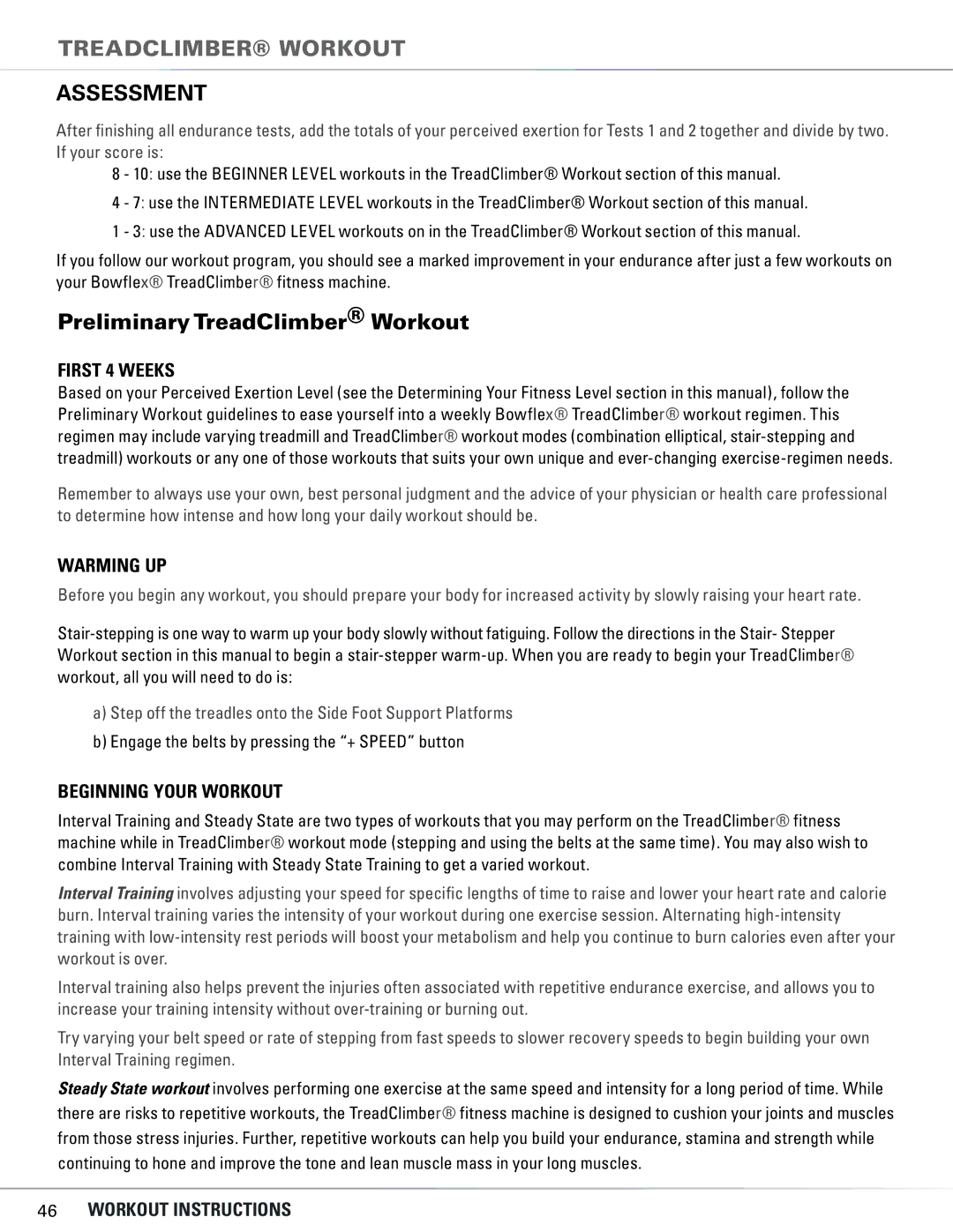 Bowflex TC5300, TC6000 manual Treadclimber workout, Assessment, Preliminary TreadClimber Workout 