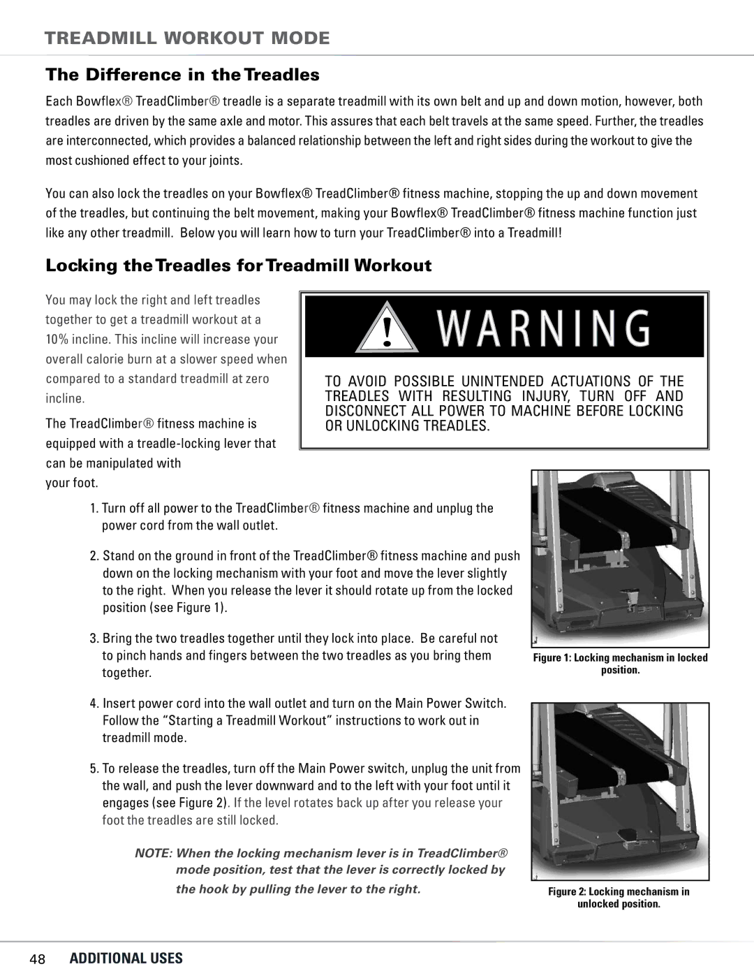 Bowflex TC5300, TC6000 manual Treadmill workout Mode, Difference in the Treadles, Locking the Treadles for Treadmill Workout 