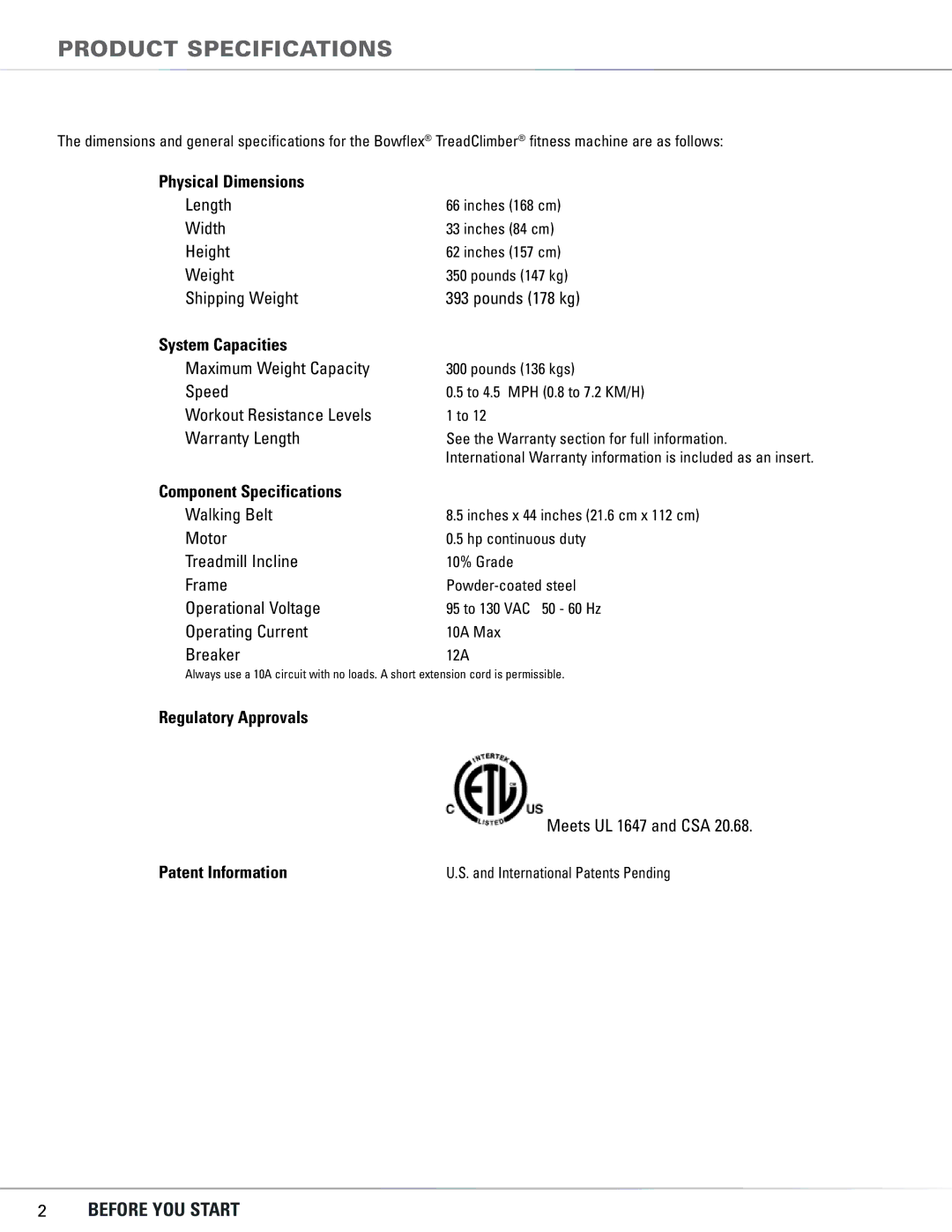 Bowflex TC5300, TC6000 manual Product Specifications, Physical Dimensions 