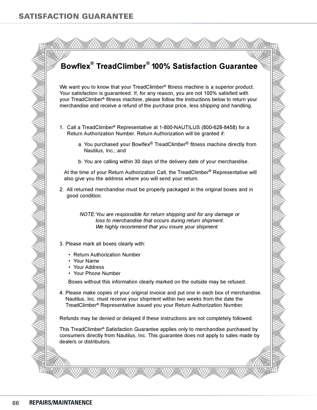 Bowflex TC5300, TC6000 manual Bowflex TreadClimber 100% Satisfaction Guarantee, Satisfaction guarantee 