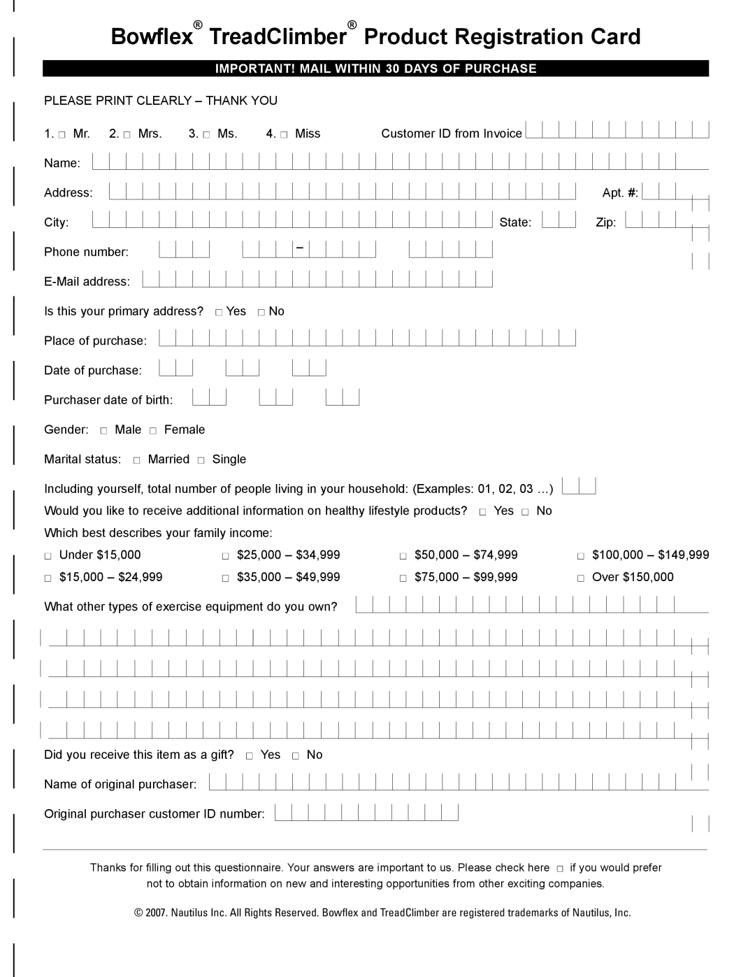 Bowflex TC6000, TC5300 manual Bowflex TreadClimber Product Registration Card 