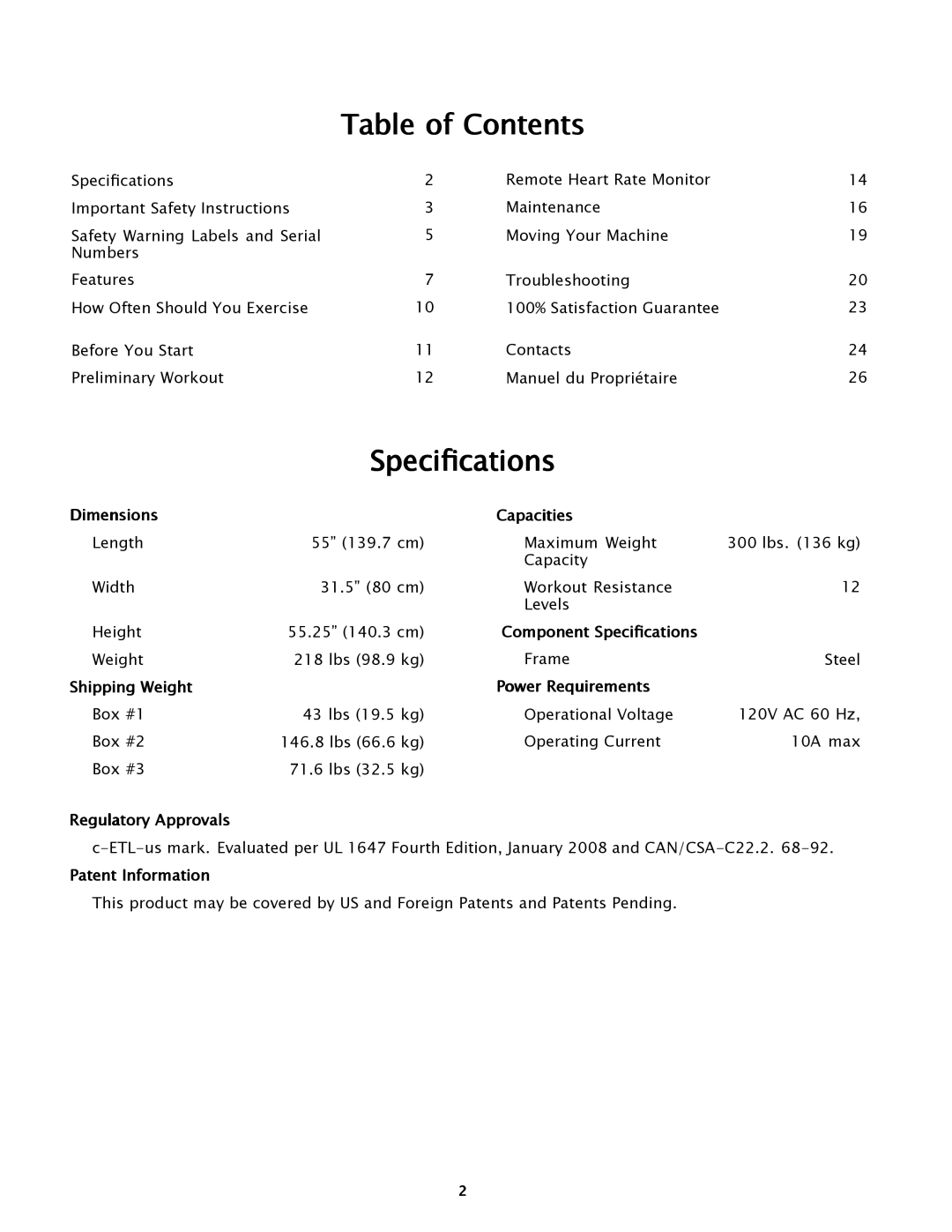 Bowflex TC5500 manual Table of Contents, Specifications 