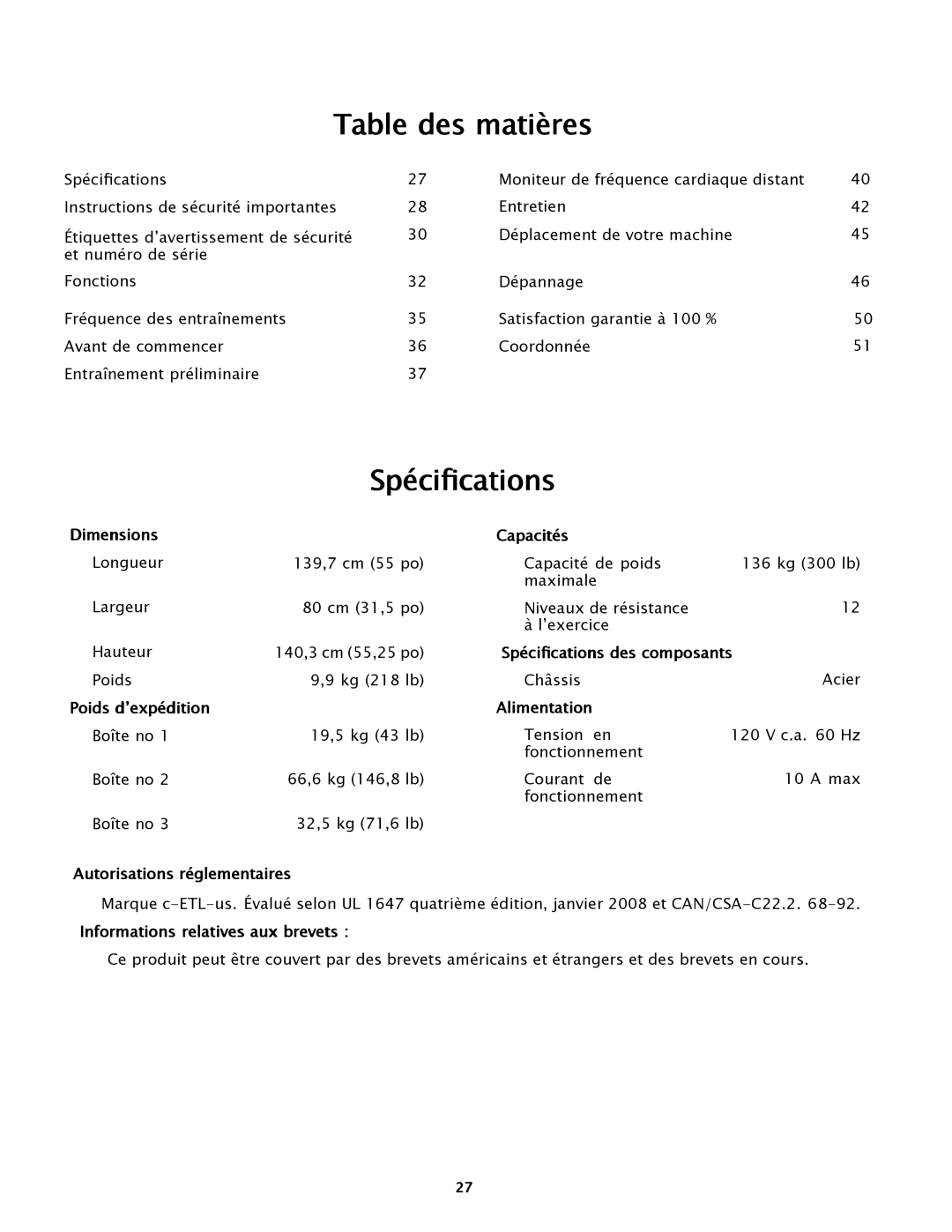 Bowflex TC5500 manual Table des matières, Spécifications 