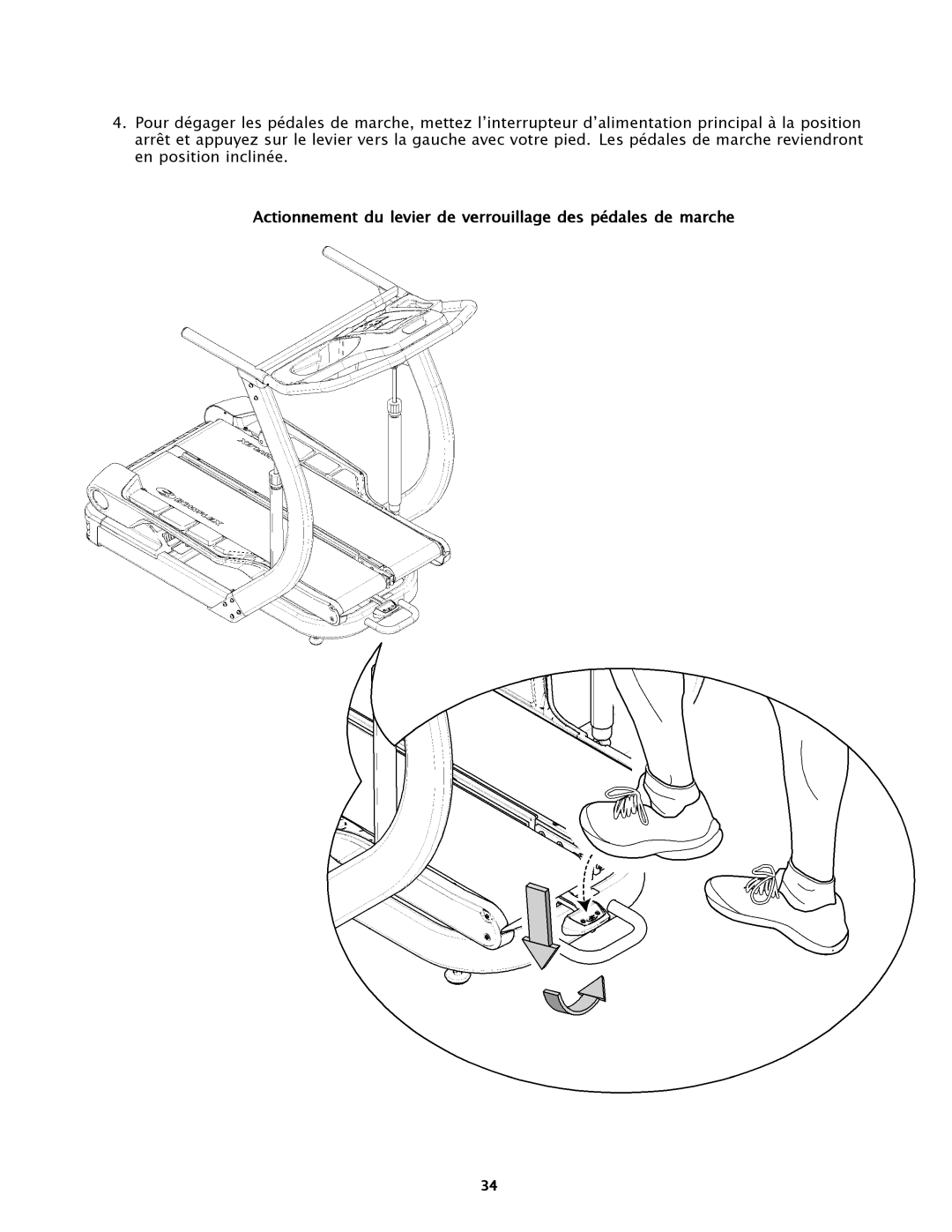 Bowflex TC5500 manual Actionnement du levier de verrouillage des pédales de marche 