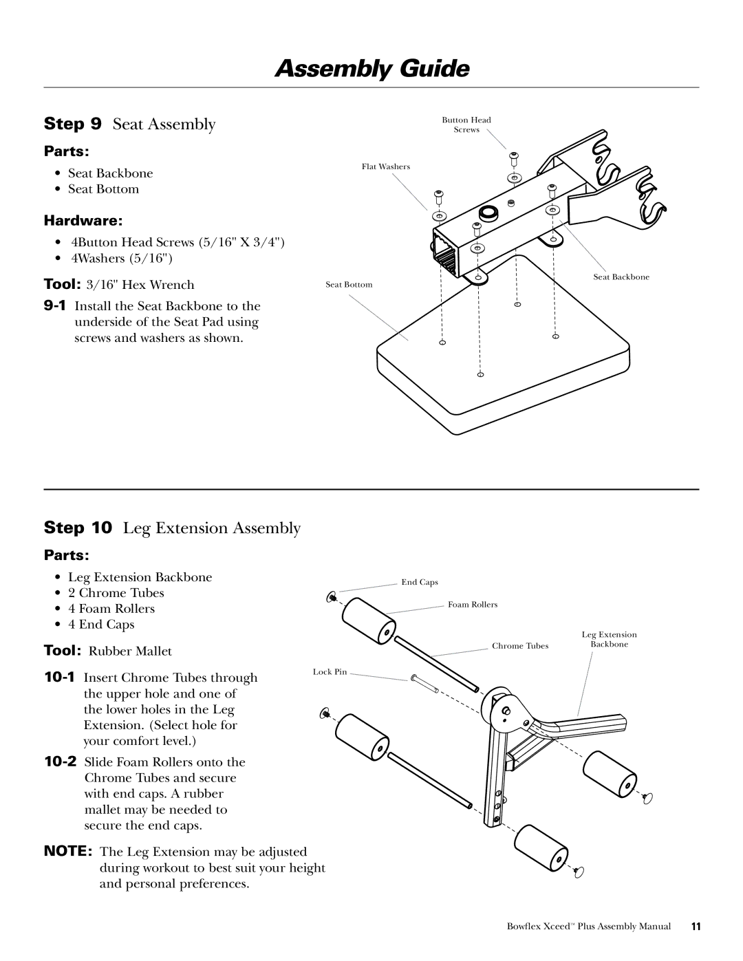 Bowflex Xceed Plus manual Seat Assembly, Leg Extension Assembly 